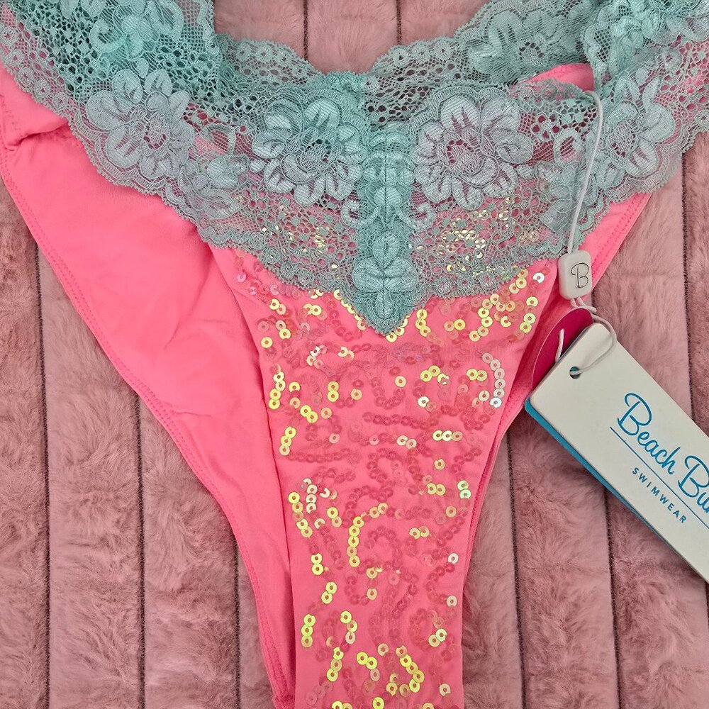 Beach Bunny Pink bottoms with teal lace & sequins